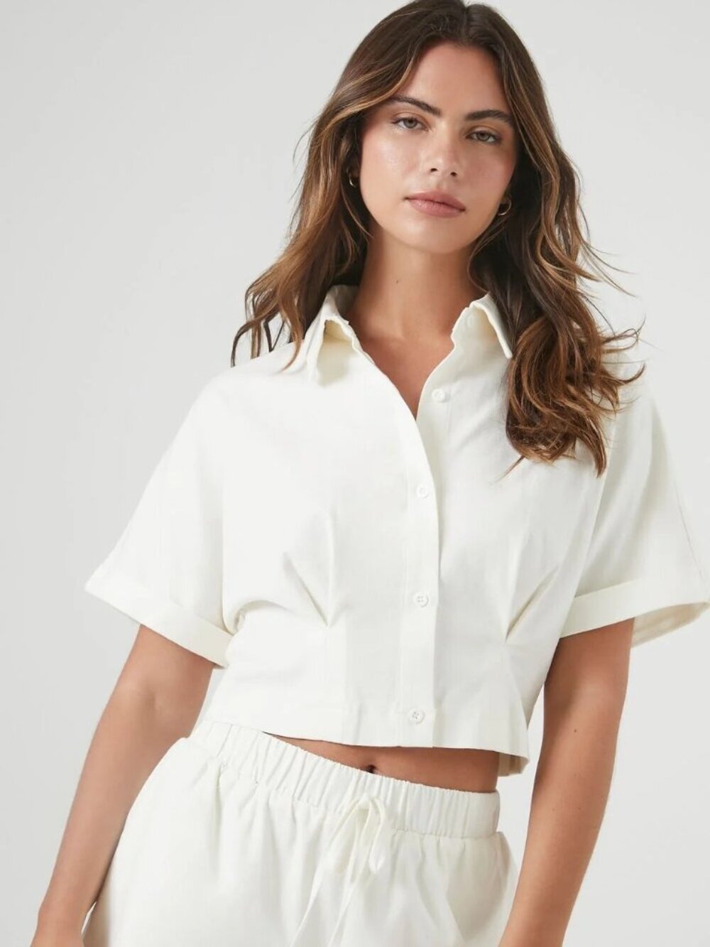 Forever 21 Button Front Crop Top Ivory Short Sleeve Pleated Women's Size M